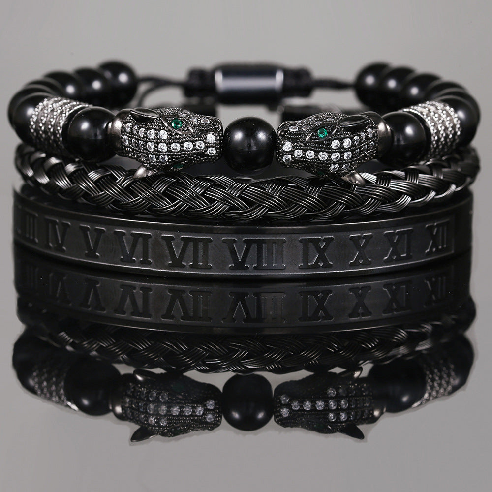 Wholesale Copper Micro-inlaid Zircon Double Leopard Head Black Onyx Woven Bracelet